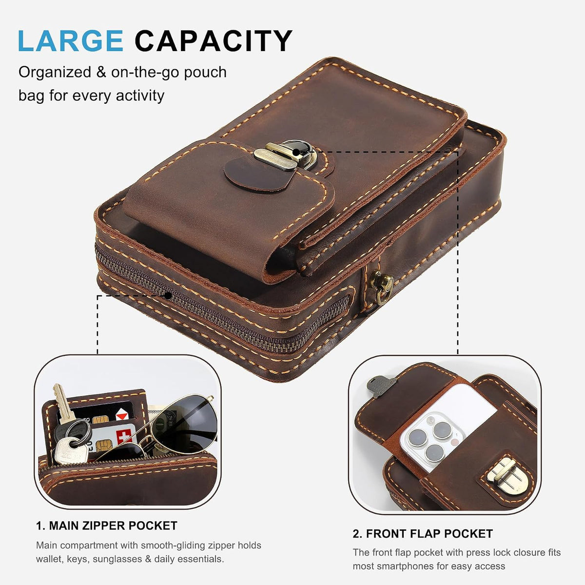 Handmade Genuine Leather Crossbody Phone Bag, Small Belt Pouch with Card Slots, Slim Phone Holster Case for Men & Women