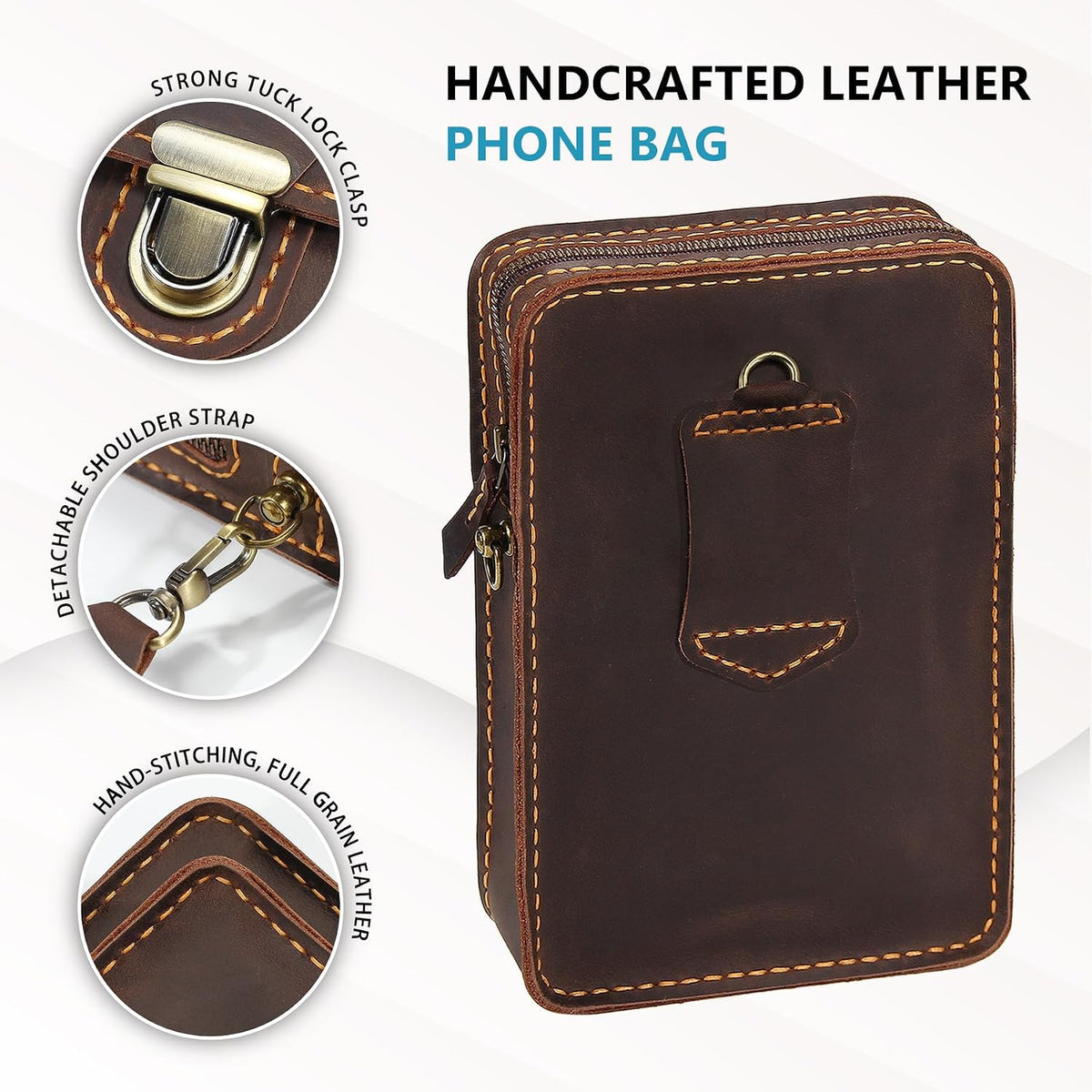 Handmade Genuine Leather Crossbody Phone Bag, Small Belt Pouch with Card Slots, Slim Phone Holster Case for Men & Women