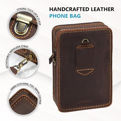 Handmade Genuine Leather Crossbody Phone Bag, Small Belt Pouch with Card Slots, Slim Phone Holster Case for Men & Women