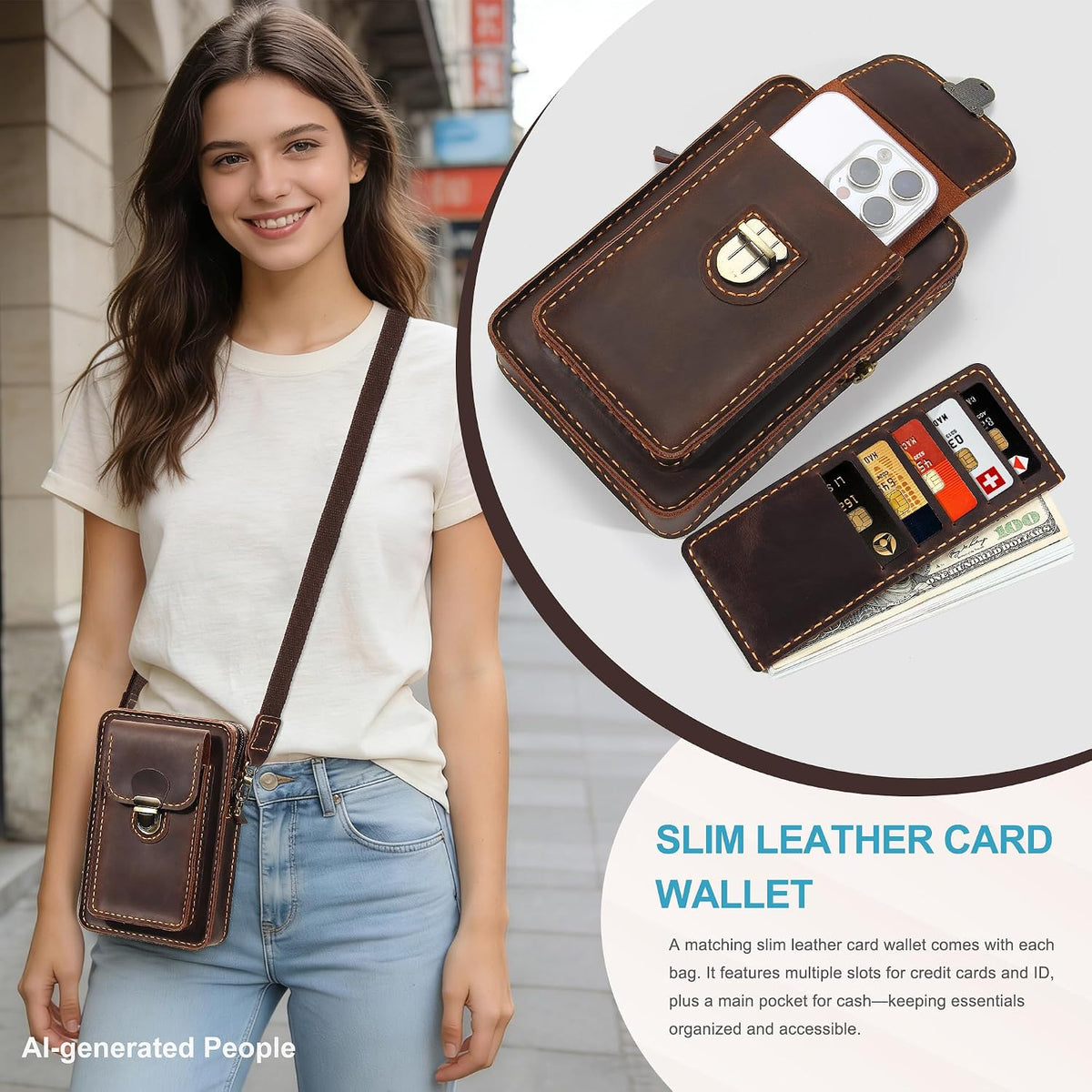 Handmade Genuine Leather Crossbody Phone Bag, Small Belt Pouch with Card Slots, Slim Phone Holster Case for Men & Women