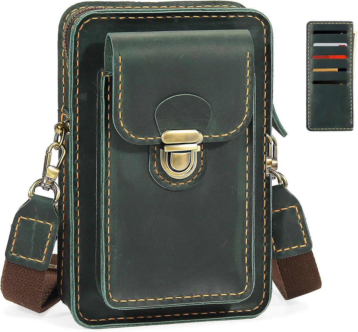 Handmade Genuine Leather Crossbody Phone Bag, Small Belt Pouch with Card Slots, Slim Phone Holster Case for Men & Women