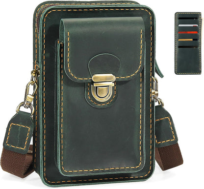 Handmade Genuine Leather Crossbody Phone Bag, Small Belt Pouch with Card Slots, Slim Phone Holster Case for Men & Women