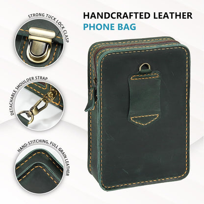 Handmade Genuine Leather Crossbody Phone Bag, Small Belt Pouch with Card Slots, Slim Phone Holster Case for Men & Women