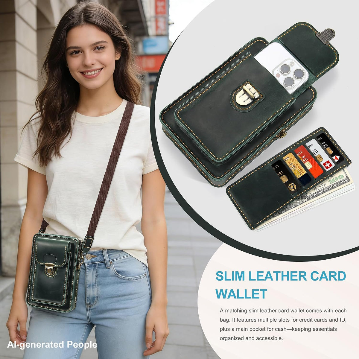 Handmade Genuine Leather Crossbody Phone Bag, Small Belt Pouch with Card Slots, Slim Phone Holster Case for Men & Women