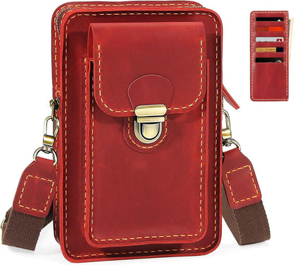 Handmade Genuine Leather Crossbody Phone Bag, Small Belt Pouch with Card Slots, Slim Phone Holster Case for Men & Women