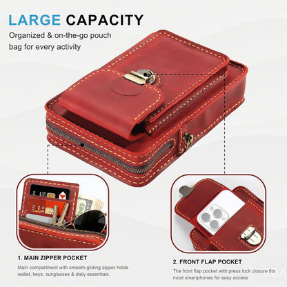 Handmade Genuine Leather Crossbody Phone Bag, Small Belt Pouch with Card Slots, Slim Phone Holster Case for Men & Women