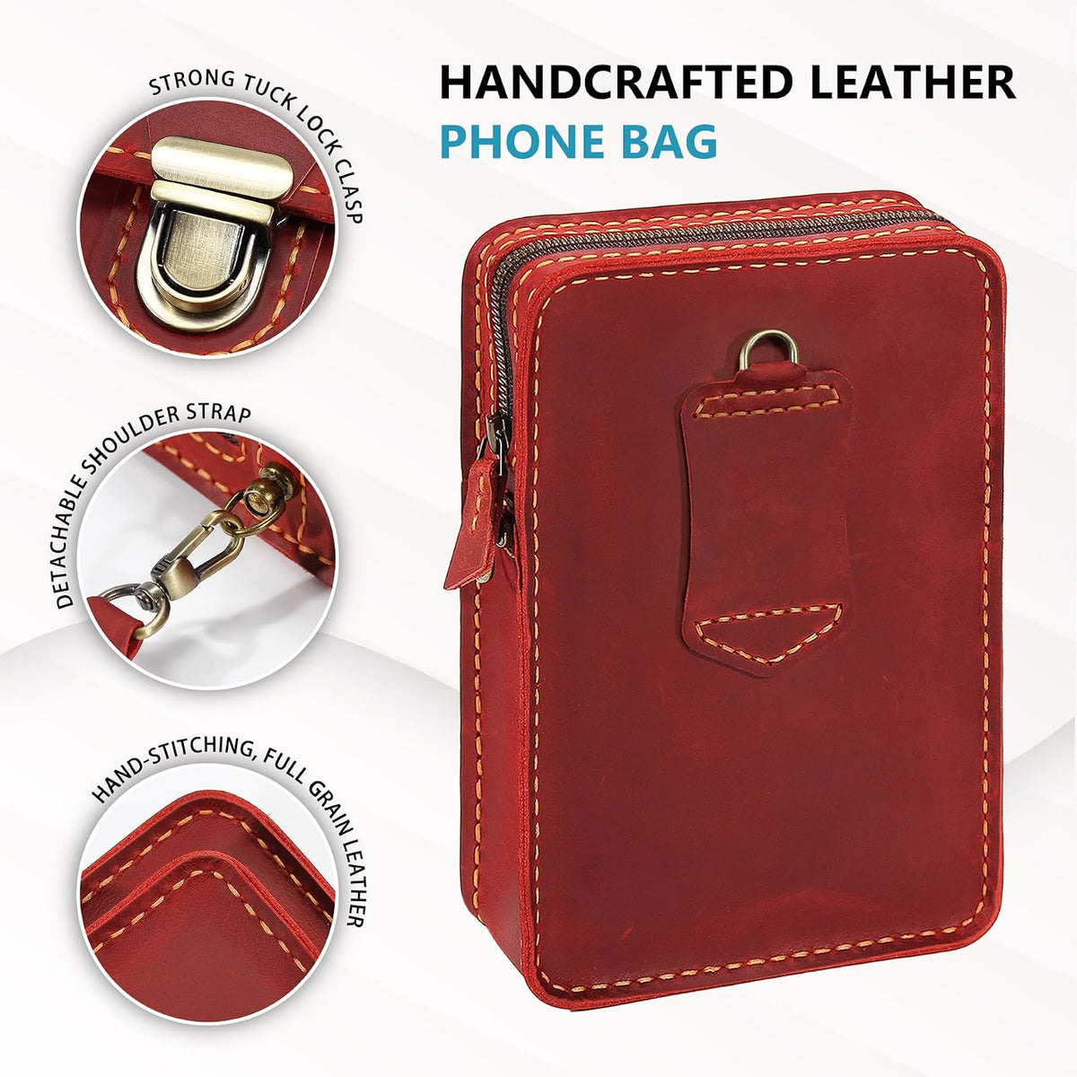 Handmade Genuine Leather Crossbody Phone Bag, Small Belt Pouch with Card Slots, Slim Phone Holster Case for Men & Women