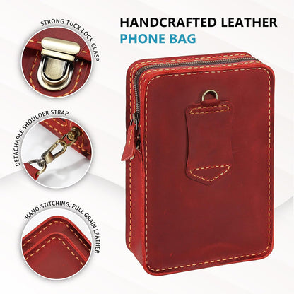 Handmade Genuine Leather Crossbody Phone Bag, Small Belt Pouch with Card Slots, Slim Phone Holster Case for Men & Women