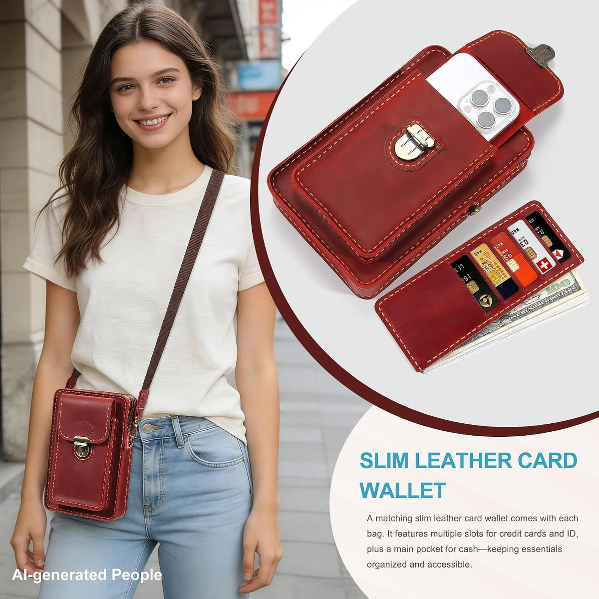 Handmade Genuine Leather Crossbody Phone Bag, Small Belt Pouch with Card Slots, Slim Phone Holster Case for Men & Women