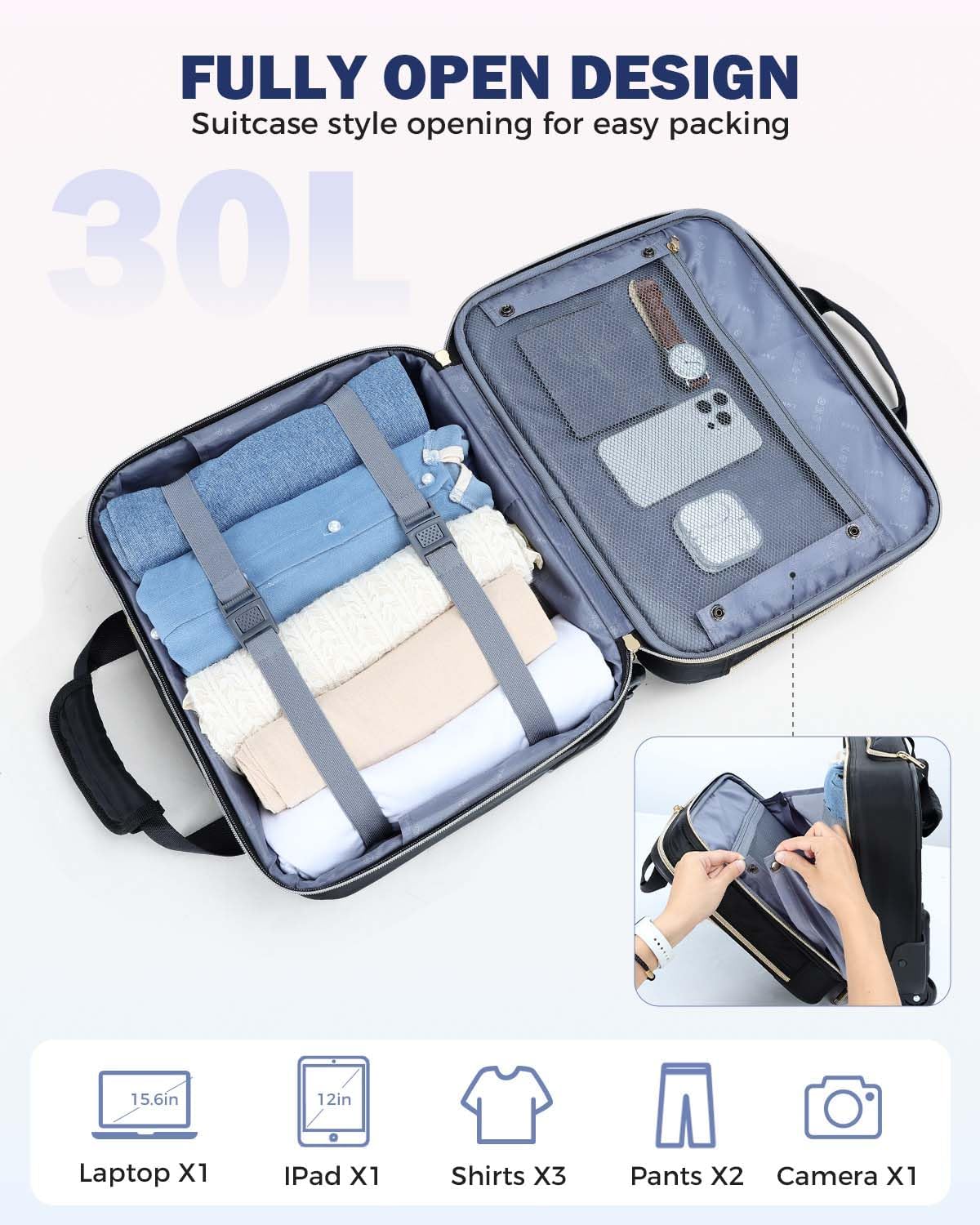 Rolling Laptop Bag, 15.6 Inch Rolling Briefcase for Women with Wheels, Carry On Flight Approved Roller Computer Case for Travel Work College Business Wife Mom Teacher, Black