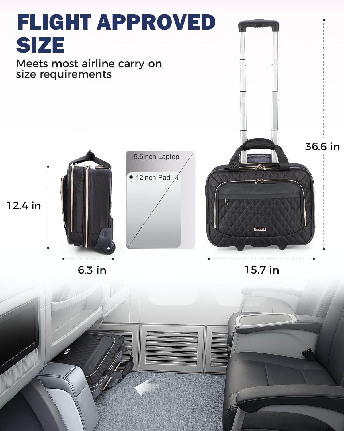 Rolling Laptop Bag, 15.6 Inch Rolling Briefcase for Women with Wheels, Carry On Flight Approved Roller Computer Case for Travel Work College Business Wife Mom Teacher, Black