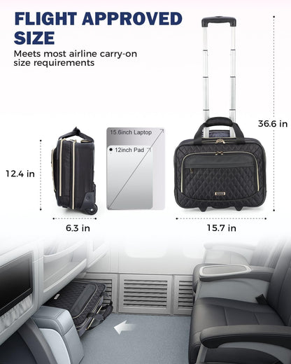 Rolling Laptop Bag, 15.6 Inch Rolling Briefcase for Women with Wheels, Carry On Flight Approved Roller Computer Case for Travel Work College Business Wife Mom Teacher, Black