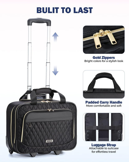 Rolling Laptop Bag, 15.6 Inch Rolling Briefcase for Women with Wheels, Carry On Flight Approved Roller Computer Case for Travel Work College Business Wife Mom Teacher, Black