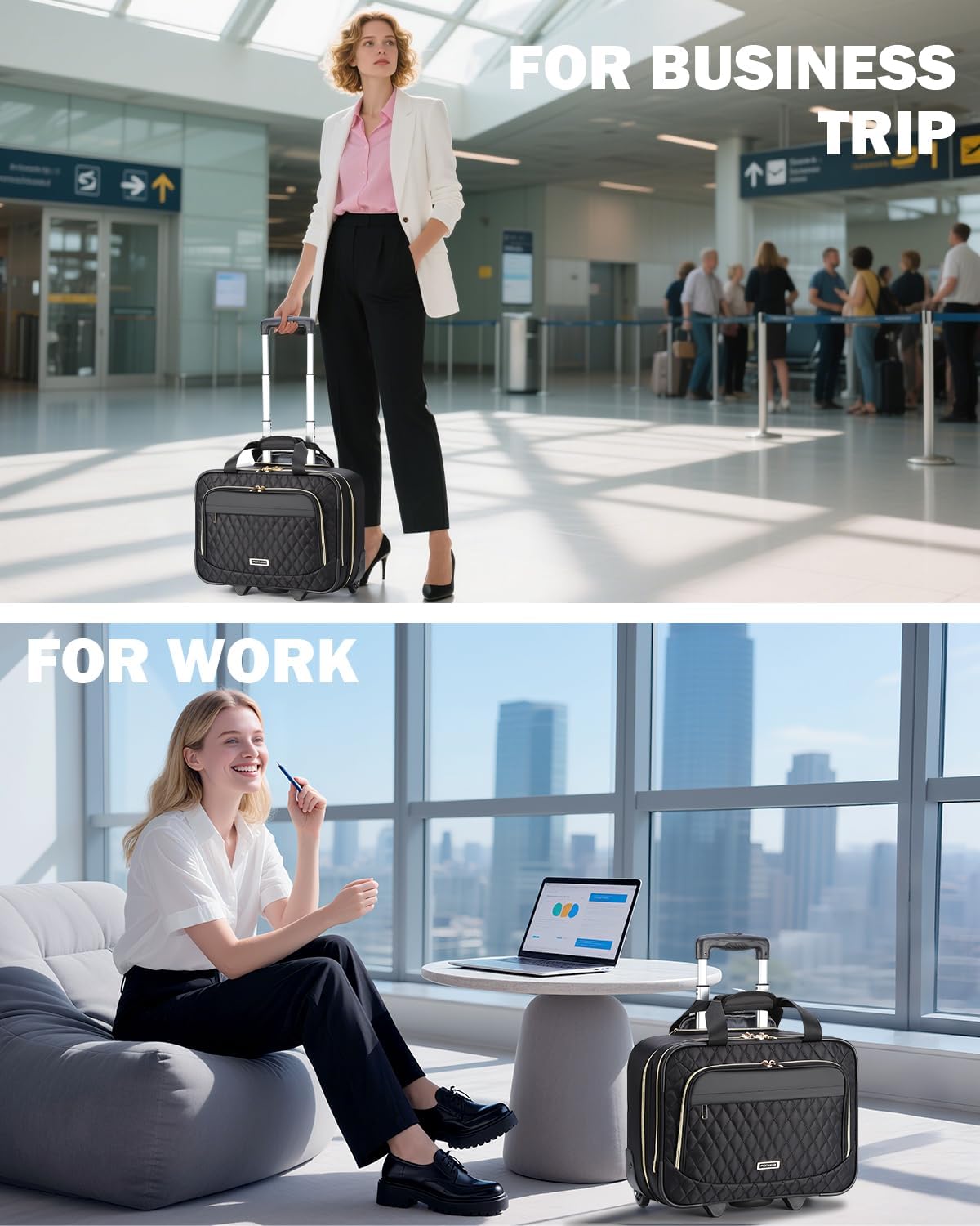 Rolling Laptop Bag, 15.6 Inch Rolling Briefcase for Women with Wheels, Carry On Flight Approved Roller Computer Case for Travel Work College Business Wife Mom Teacher, Black