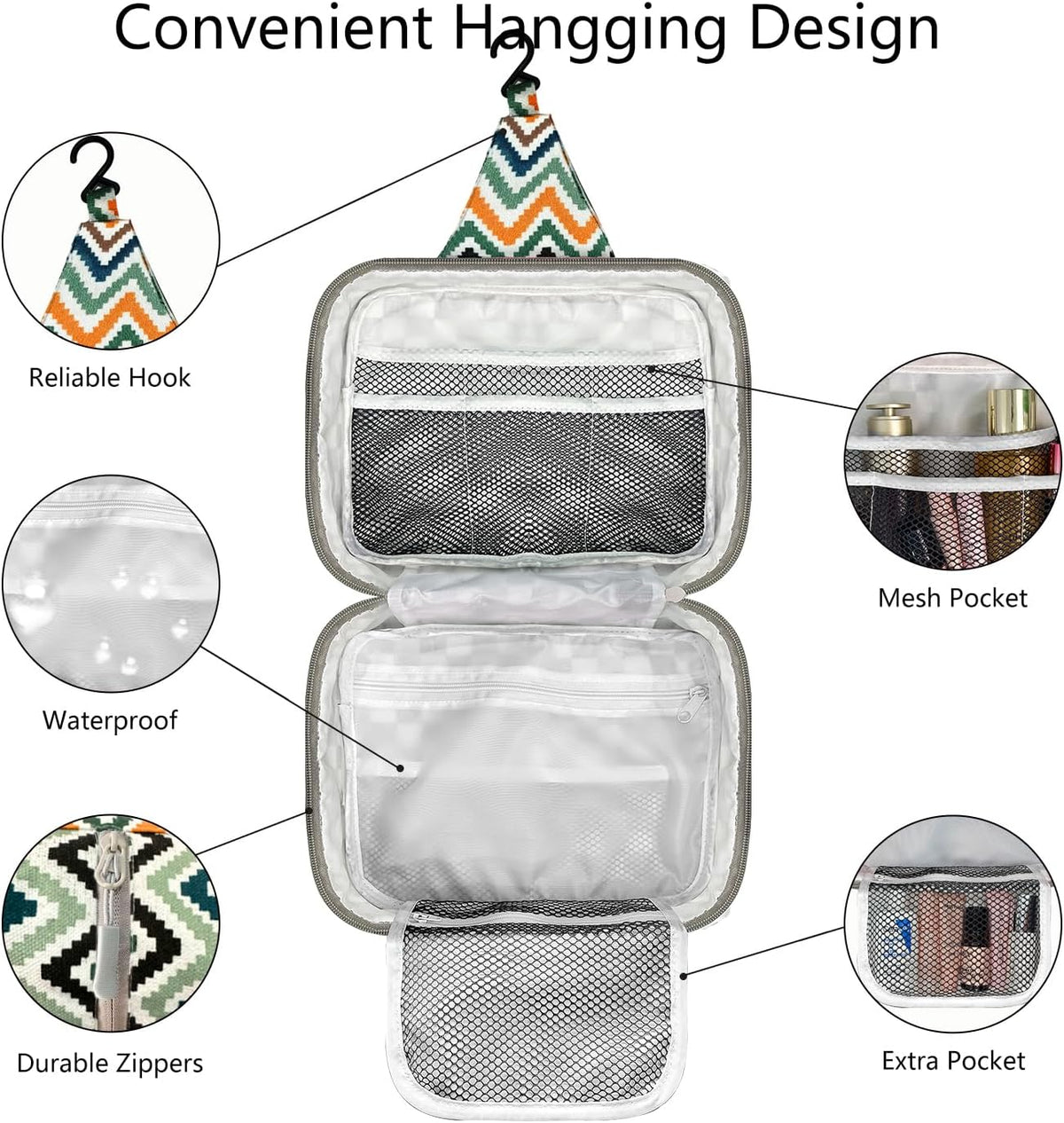 Hanging Travel Toiletry Bag - Large Capacity Organizer, Leak-proof Design & Durable Hook for Full-Size Toiletries, Makeup, Cosmetics，Boho
