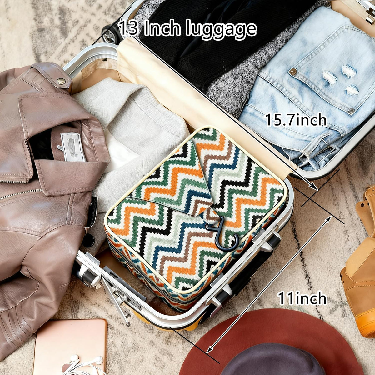 Hanging Travel Toiletry Bag - Large Capacity Organizer, Leak-proof Design & Durable Hook for Full-Size Toiletries, Makeup, Cosmetics，Boho