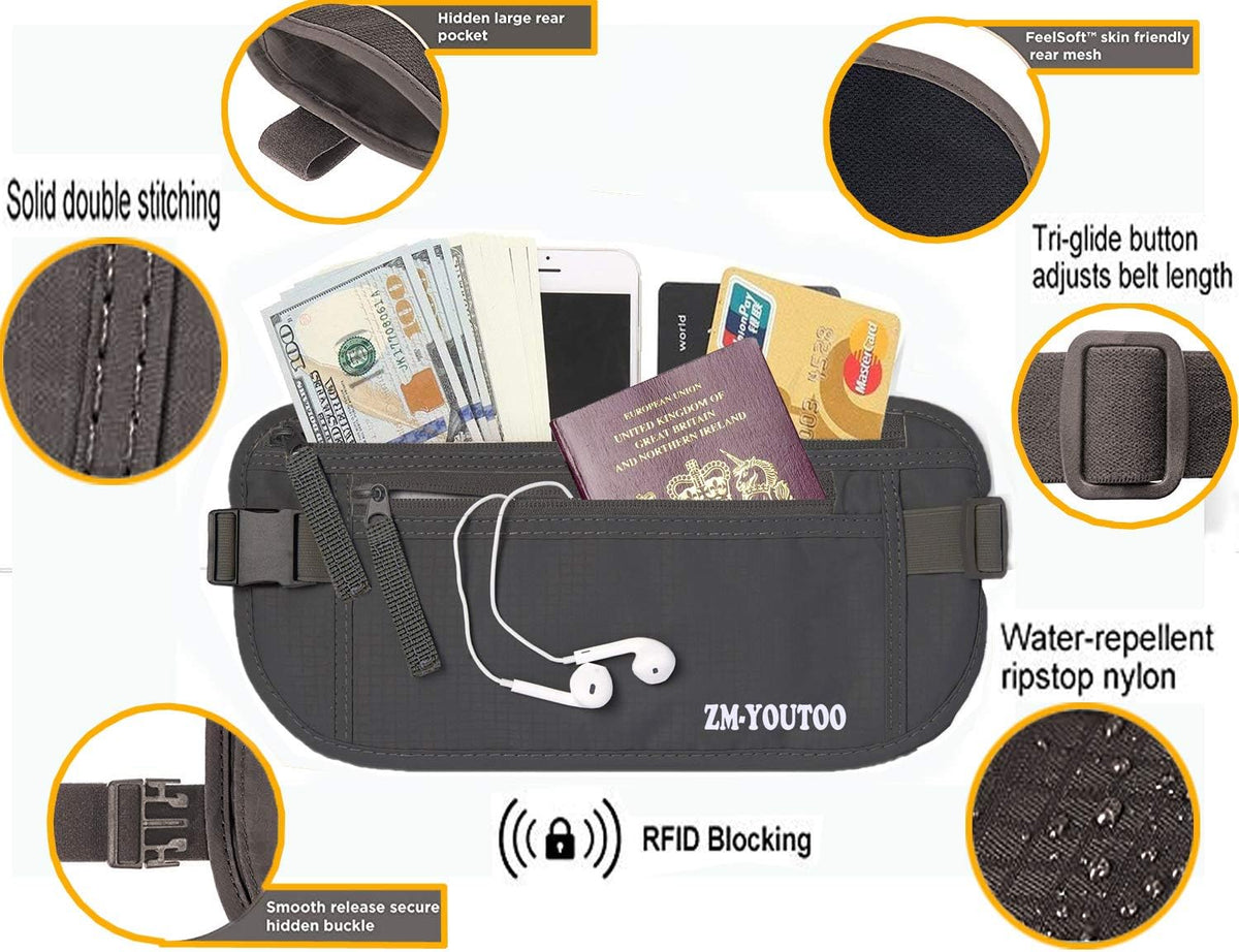 Money Belt for Travel - Hidden Travel Pouch Protect Your Credit and Money With RFID Blocking Passport Holder Waist Wallet (gray)