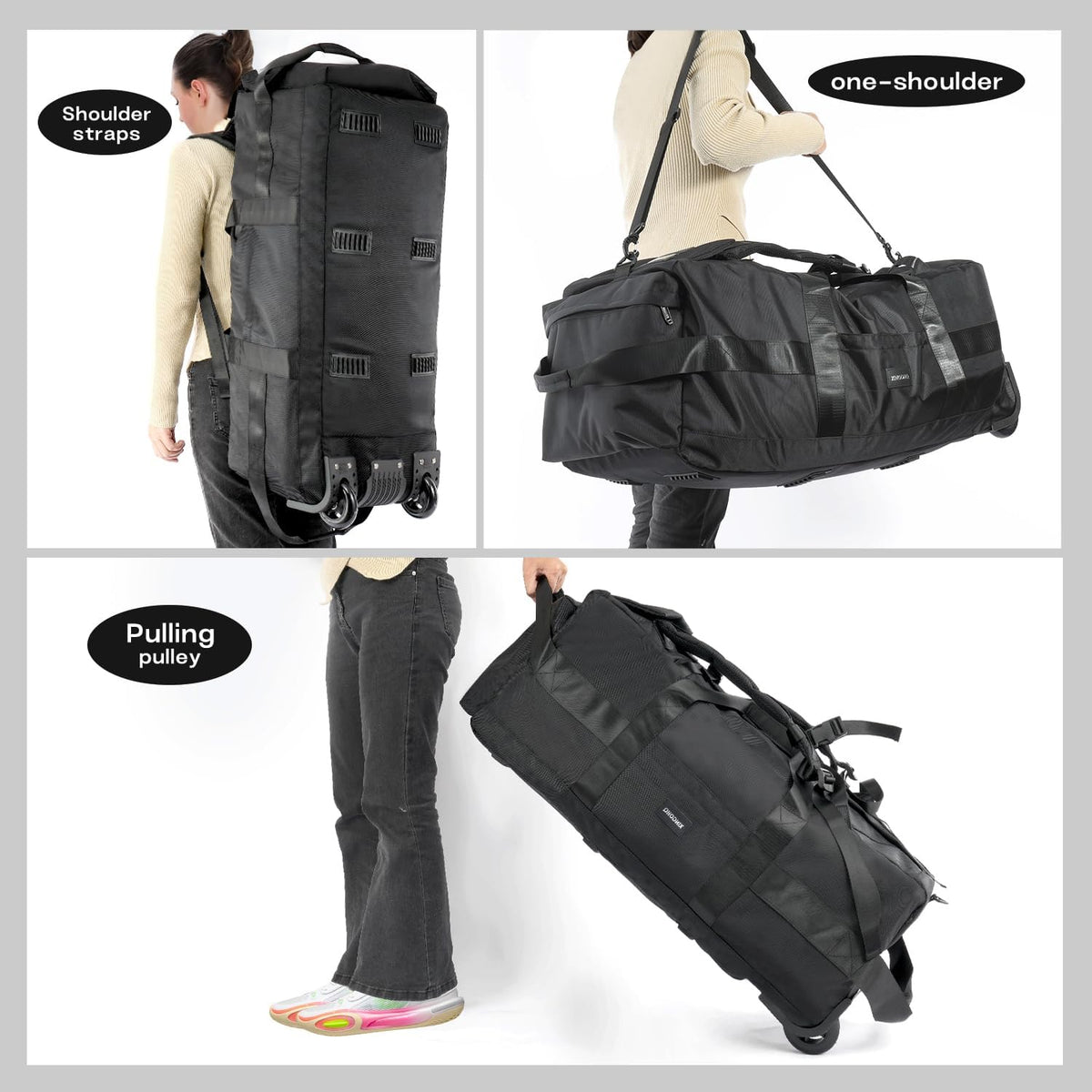 80L Rolling Duffle Bag with Wheels - Heavy-Duty 33.5" Foldable Duffel, Water-Resistant Wheeled Luggage with Shoulder Straps for Camping, Gym, Airplane (Black)