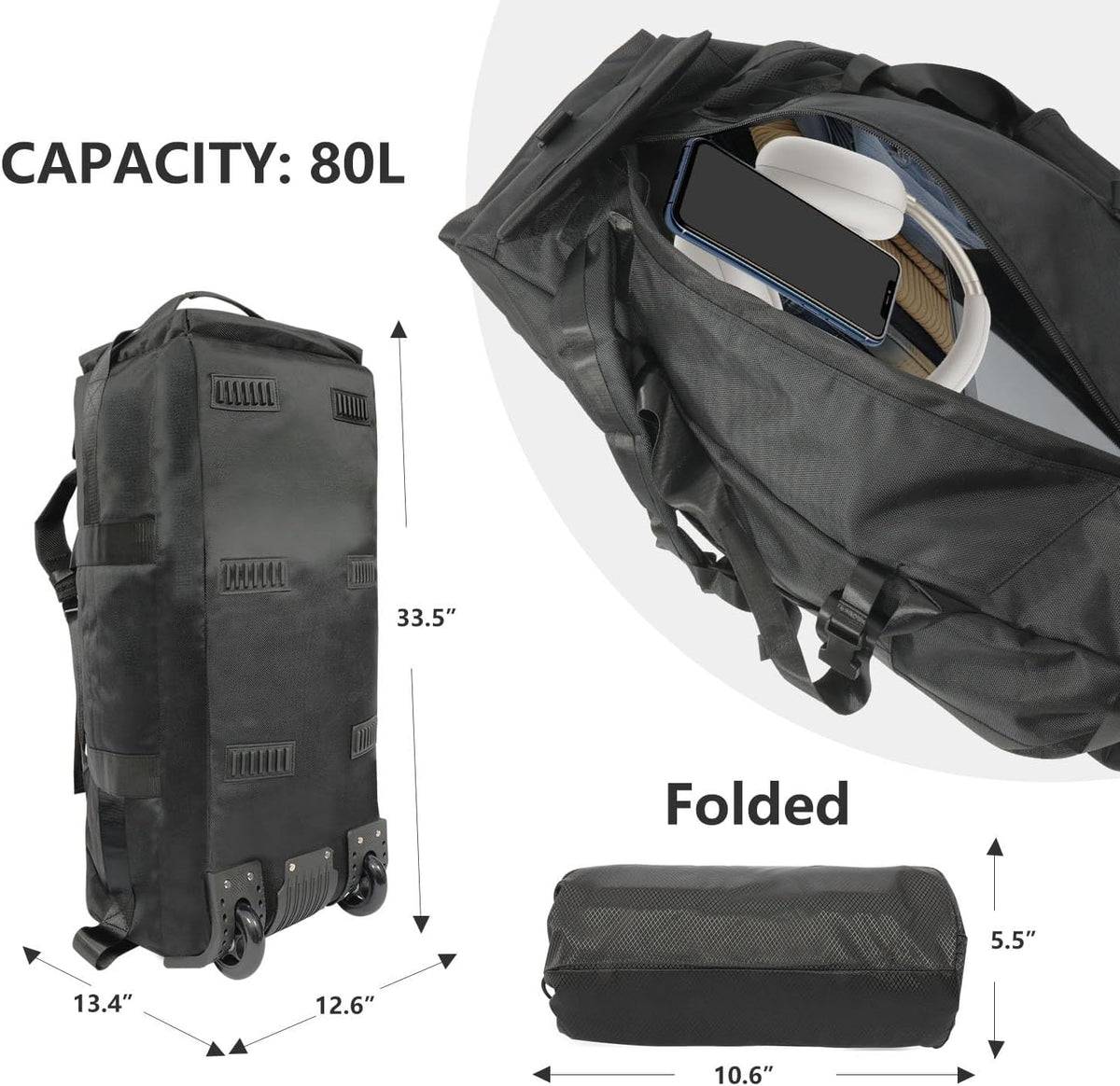 80L Rolling Duffle Bag with Wheels - Heavy-Duty 33.5" Foldable Duffel, Water-Resistant Wheeled Luggage with Shoulder Straps for Camping, Gym, Airplane (Black)