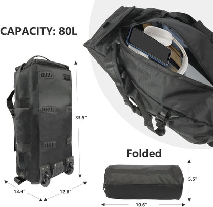 80L Rolling Duffle Bag with Wheels - Heavy-Duty 33.5" Foldable Duffel, Water-Resistant Wheeled Luggage with Shoulder Straps for Camping, Gym, Airplane (Black)