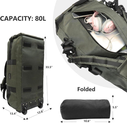 80L Rolling Duffle Bag with Wheels - Heavy-Duty 33.5" Foldable Duffel, Water-Resistant Wheeled Luggage with Shoulder Straps for Camping, Gym, Airplane (Black)