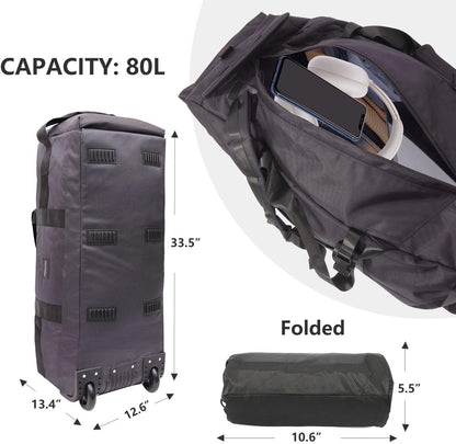 80L Rolling Duffle Bag with Wheels - Heavy-Duty 33.5" Foldable Duffel, Water-Resistant Wheeled Luggage with Shoulder Straps for Camping, Gym, Airplane (Black)