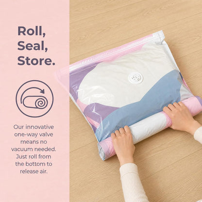 No‑Pump Vacuum Storage Bags, Large Cube Vacuum Seal Bags, Press & Seal Roll-Up Compression B𝐚g𝐬 for Clothes, Duvets, Bedding & Travel (Medium)