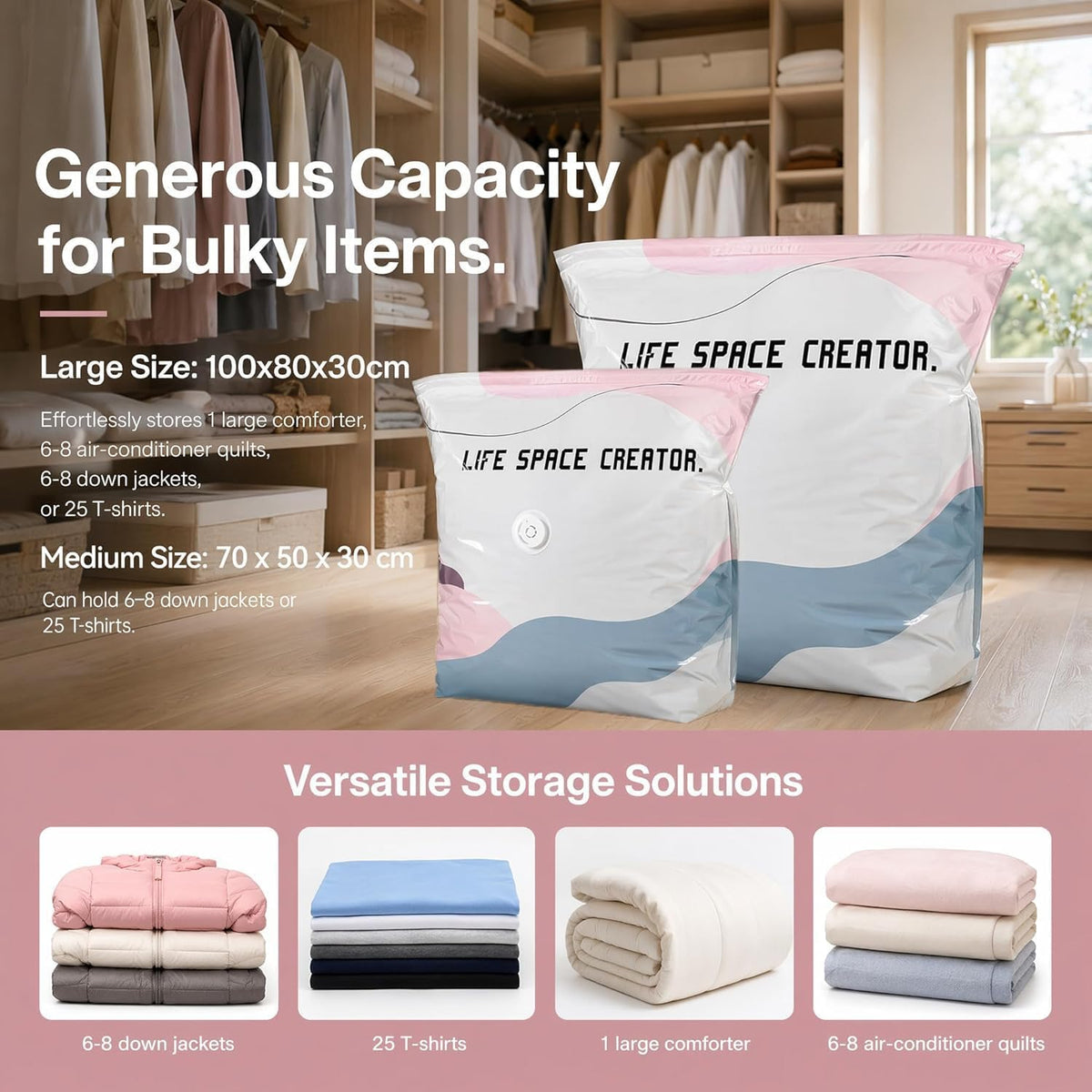No‑Pump Vacuum Storage Bags, Large Cube Vacuum Seal Bags, Press & Seal Roll-Up Compression B𝐚g𝐬 for Clothes, Duvets, Bedding & Travel (Medium)