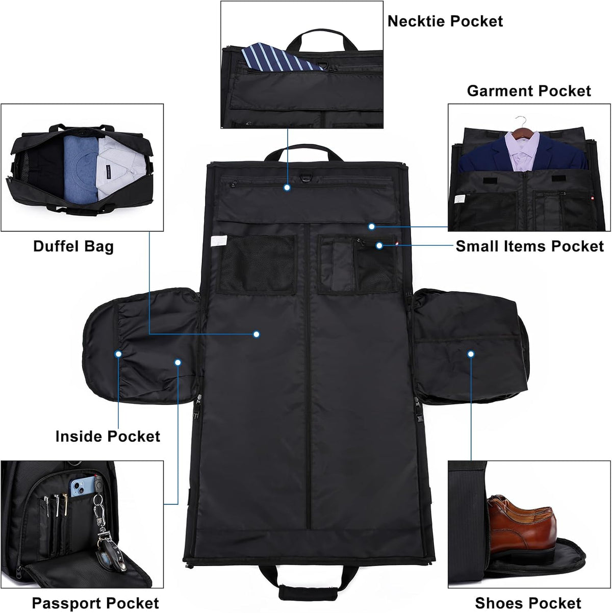 Garment Bags for Travel Large Suit Bag for Men Carry On Garment Bag Convertible Garment Duffle Bag with Shoes Compartment,2 in 1 Hanging Dress Suitcase Suit Travel Bags,Black