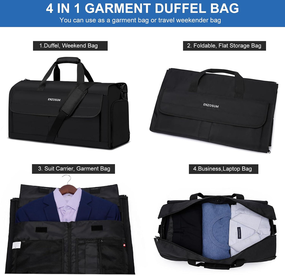 Garment Bags for Travel Large Suit Bag for Men Carry On Garment Bag Convertible Garment Duffle Bag with Shoes Compartment,2 in 1 Hanging Dress Suitcase Suit Travel Bags,Black