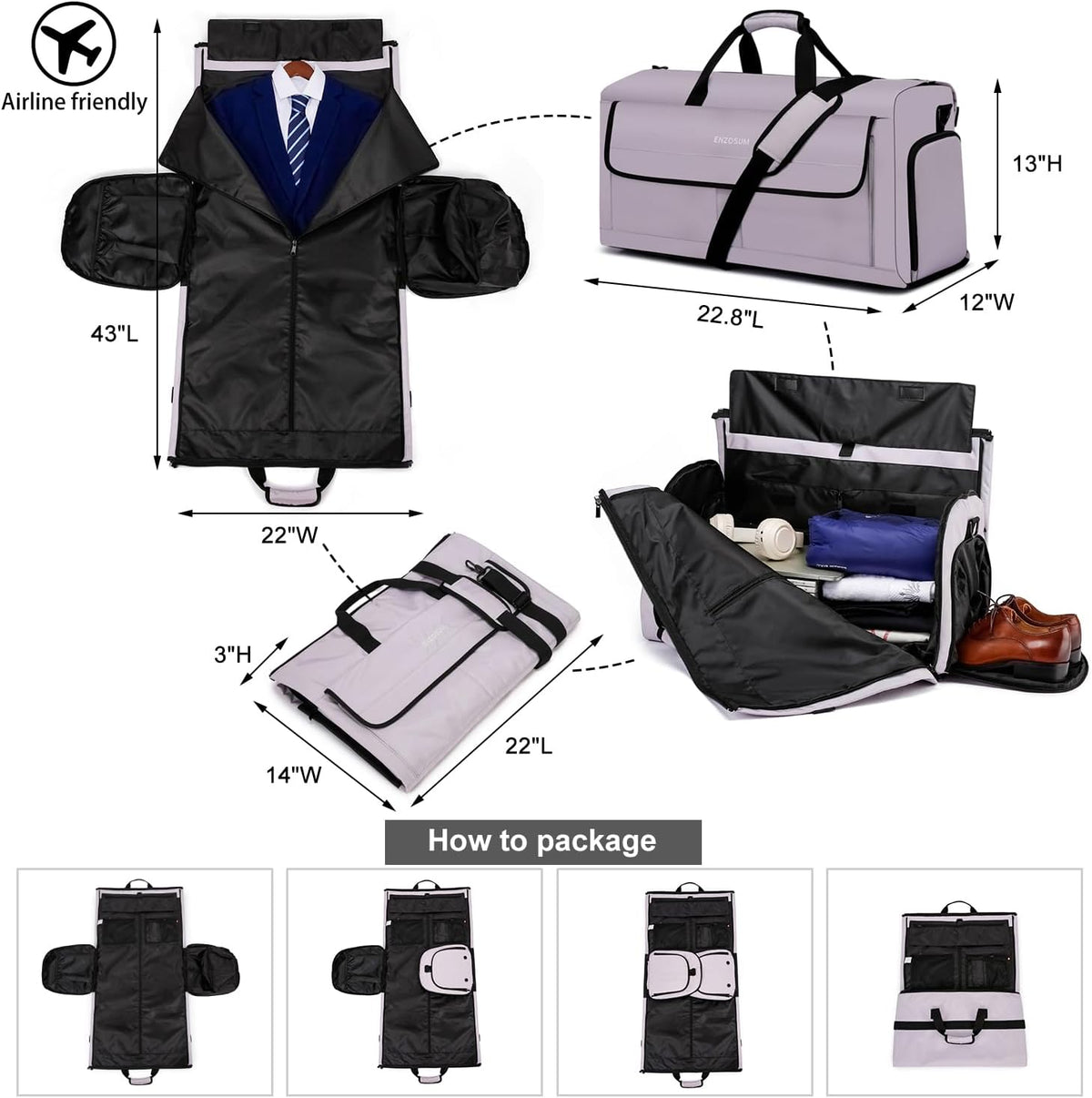 Garment Bags for Travel Large Suit Bag for Men Carry On Garment Bag Convertible Garment Duffle Bag with Shoes Compartment,2 in 1 Hanging Dress Suitcase Suit Travel Bags,Black