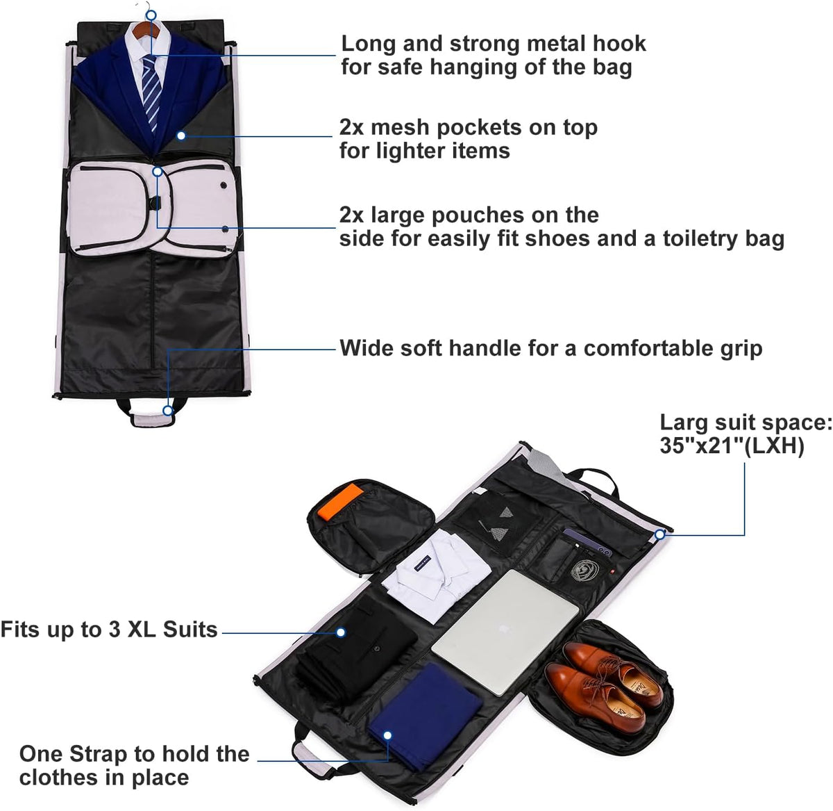Garment Bags for Travel Large Suit Bag for Men Carry On Garment Bag Convertible Garment Duffle Bag with Shoes Compartment,2 in 1 Hanging Dress Suitcase Suit Travel Bags,Black