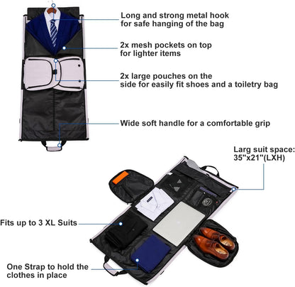 Garment Bags for Travel Large Suit Bag for Men Carry On Garment Bag Convertible Garment Duffle Bag with Shoes Compartment,2 in 1 Hanging Dress Suitcase Suit Travel Bags,Black