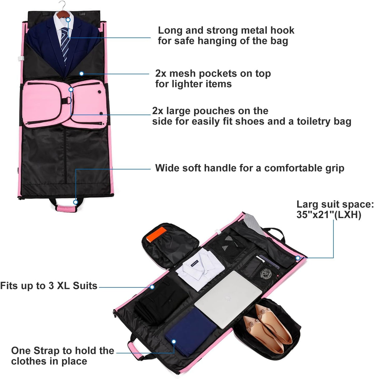 Garment Bags for Travel Large Suit Bag for Men Carry On Garment Bag Convertible Garment Duffle Bag with Shoes Compartment,2 in 1 Hanging Dress Suitcase Suit Travel Bags,Black