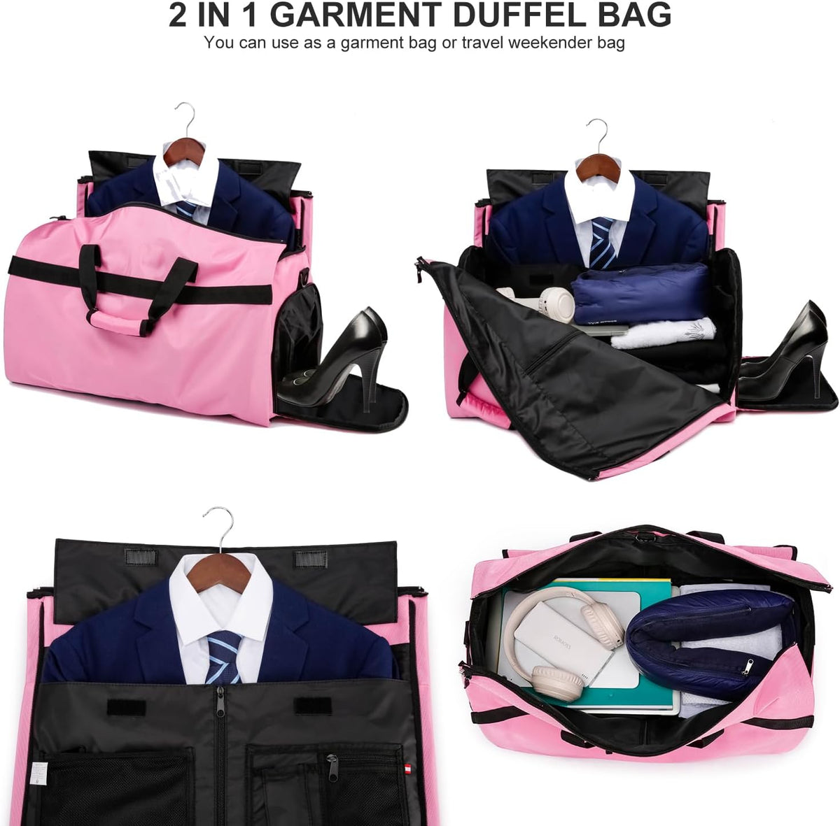Garment Bags for Travel Large Suit Bag for Men Carry On Garment Bag Convertible Garment Duffle Bag with Shoes Compartment,2 in 1 Hanging Dress Suitcase Suit Travel Bags,Black