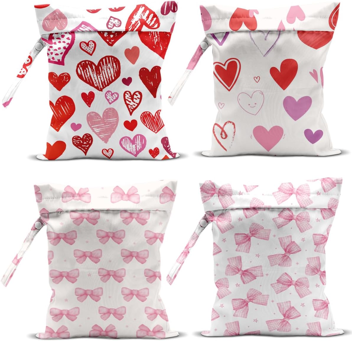 4 Pack Pink Bow Heart Print Wet Dry Bags, Waterproof Summer Beach Travel Swimsuit Bags, Reusable Gym Toiletry Bags, Vacation Gifts for Friends