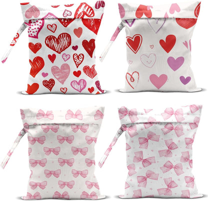 4 Pack Pink Bow Heart Print Wet Dry Bags, Waterproof Summer Beach Travel Swimsuit Bags, Reusable Gym Toiletry Bags, Vacation Gifts for Friends