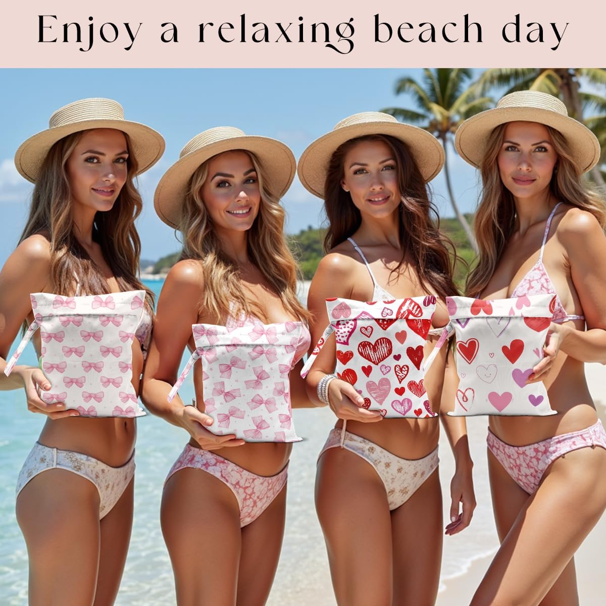 4 Pack Pink Bow Heart Print Wet Dry Bags, Waterproof Summer Beach Travel Swimsuit Bags, Reusable Gym Toiletry Bags, Vacation Gifts for Friends