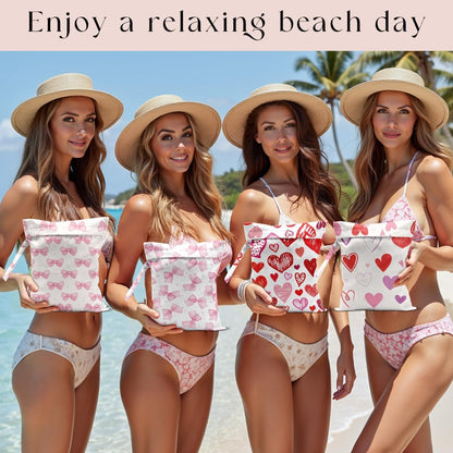 4 Pack Pink Bow Heart Print Wet Dry Bags, Waterproof Summer Beach Travel Swimsuit Bags, Reusable Gym Toiletry Bags, Vacation Gifts for Friends