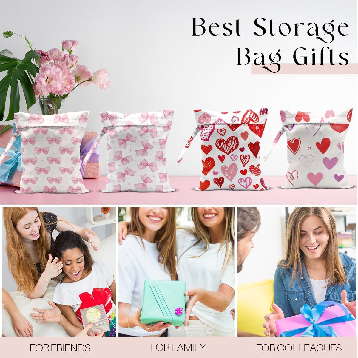 4 Pack Pink Bow Heart Print Wet Dry Bags, Waterproof Summer Beach Travel Swimsuit Bags, Reusable Gym Toiletry Bags, Vacation Gifts for Friends
