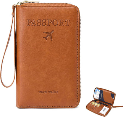 Ultra-Slim RFID Blocking Passport Wallet for Travel - Multi-Functional Zippered Holder with Card Slots, Anti-Theft Protection for Passports,Boarding Passes, Credit Cards, Cash (Brown)