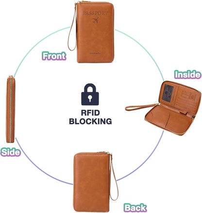 Ultra-Slim RFID Blocking Passport Wallet for Travel - Multi-Functional Zippered Holder with Card Slots, Anti-Theft Protection for Passports,Boarding Passes, Credit Cards, Cash (Brown)