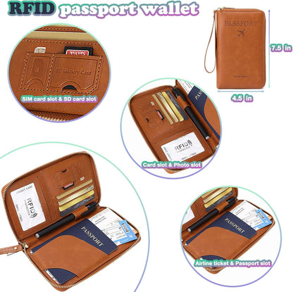 Ultra-Slim RFID Blocking Passport Wallet for Travel - Multi-Functional Zippered Holder with Card Slots, Anti-Theft Protection for Passports,Boarding Passes, Credit Cards, Cash (Brown)