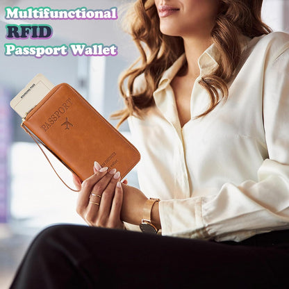 Ultra-Slim RFID Blocking Passport Wallet for Travel - Multi-Functional Zippered Holder with Card Slots, Anti-Theft Protection for Passports,Boarding Passes, Credit Cards, Cash (Brown)