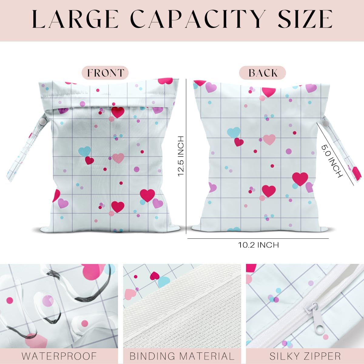 Wet Bag, Wet Dry Bag, Wet Bag for Swimsuit, Travel, Beach, Pool, Diapers, Dirty Yoga Gym Clothes, Toiletries, Makeup Bag, Daycare Soiled Items, Waterproof Reusable Boho Heart
