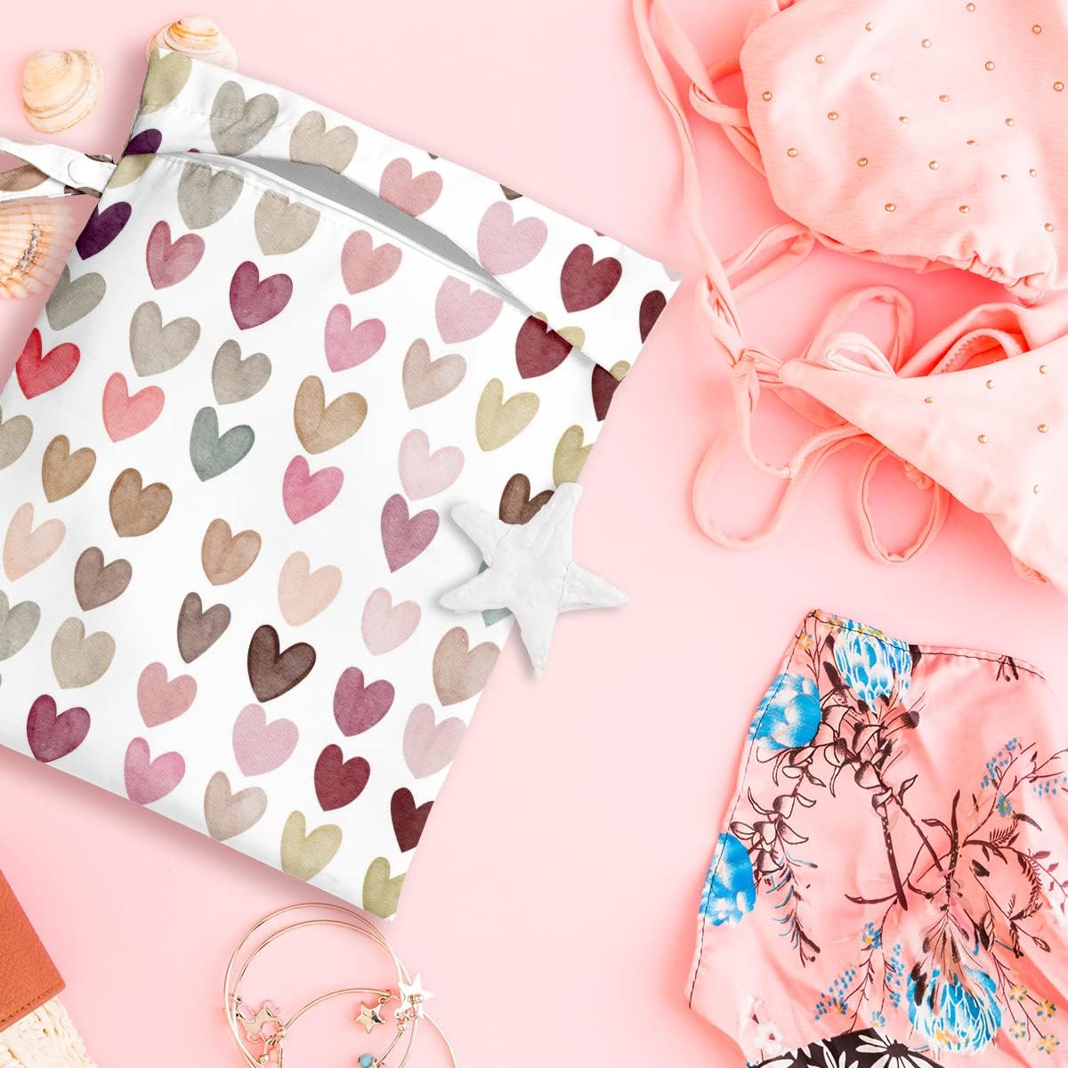 Wet Bag, Wet Dry Bag, Wet Bag for Swimsuit, Travel, Beach, Pool, Diapers, Dirty Yoga Gym Clothes, Toiletries, Makeup Bag, Daycare Soiled Items, Waterproof Reusable Boho Heart
