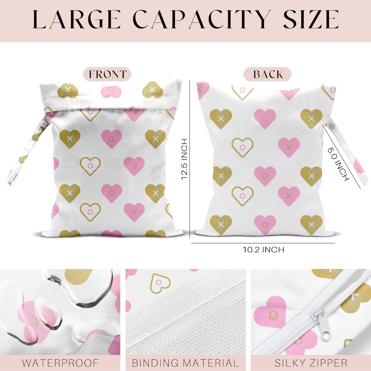Wet Bag, Wet Dry Bag, Wet Bag for Swimsuit, Travel, Beach, Pool, Diapers, Dirty Yoga Gym Clothes, Toiletries, Makeup Bag, Daycare Soiled Items, Waterproof Reusable Boho Heart