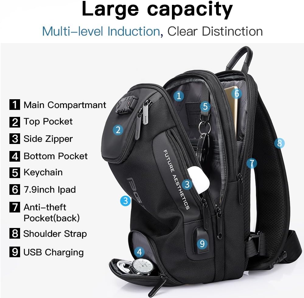 USB Charging Sling Bag, Waterproof Crossbody Backpack, Portable Shoulder Bag Daypack for Men Women Travel Hiking Work