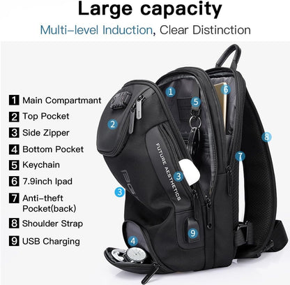 USB Charging Sling Bag, Waterproof Crossbody Backpack, Portable Shoulder Bag Daypack for Men Women Travel Hiking Work