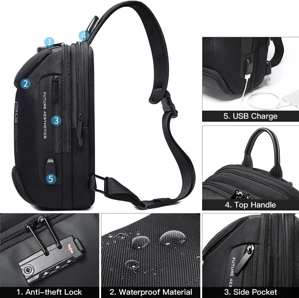 USB Charging Sling Bag, Waterproof Crossbody Backpack, Portable Shoulder Bag Daypack for Men Women Travel Hiking Work